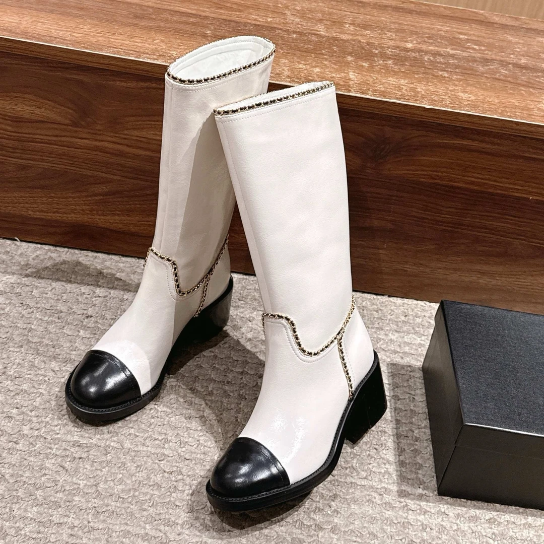 【DML】冬季粗跟高筒靴子马丁靴圆头平跟皮靴秋冬