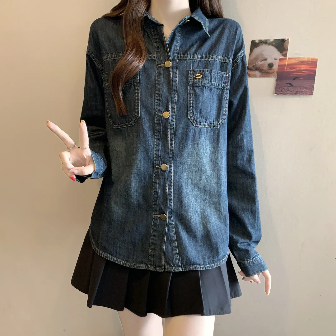 时尚大码秋季2025新款港风小个子复古牛仔衬衣修身配腰带百搭上衣