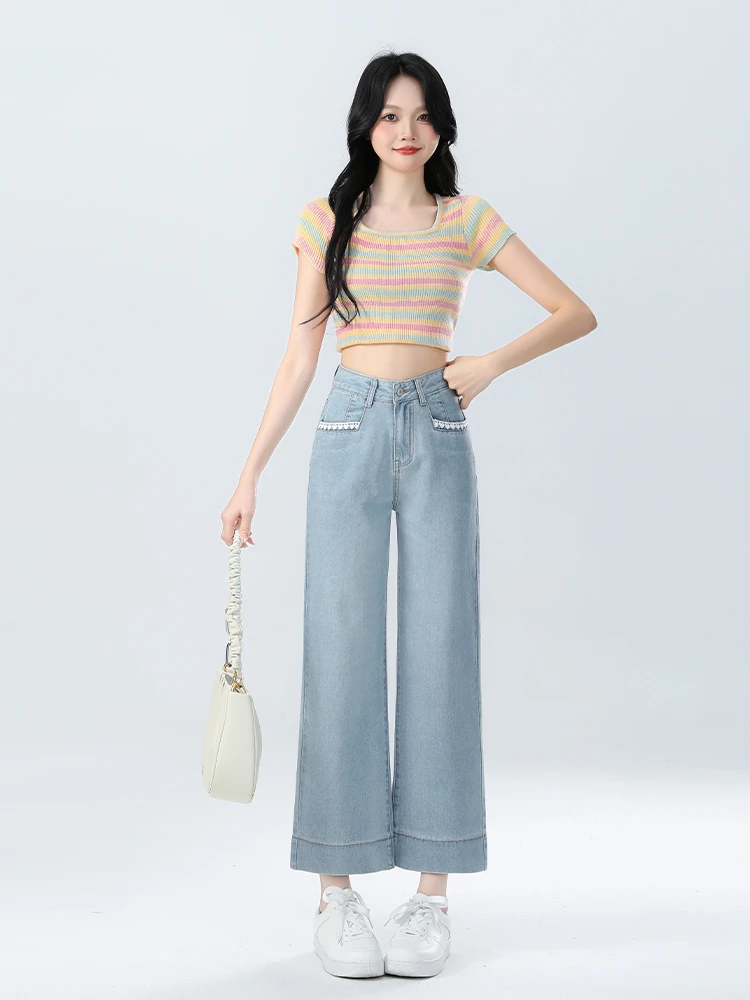 蕾丝女长裤牛仔裤梨形身材阔腿裤宽松设计感欧美风6168