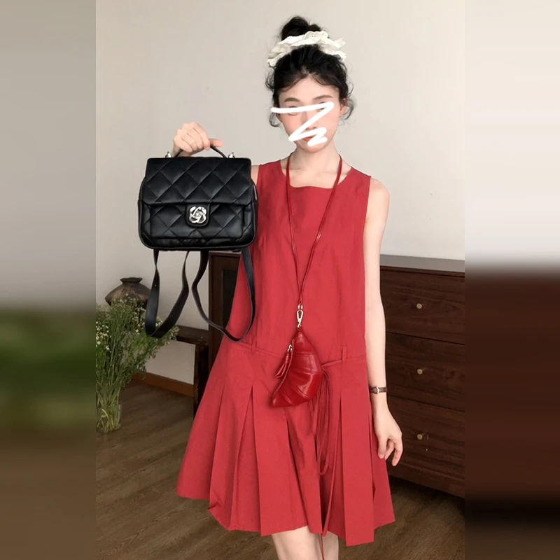 特价红色无袖背心连衣裙2025新款法式气质收腰设计感款式短裙4157