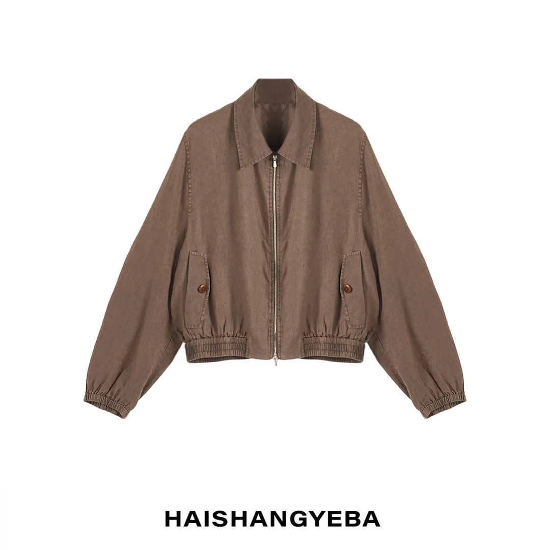 【海上叶爸】新款2025夏季百搭亚麻翻领宽松袖拉链夹克外套