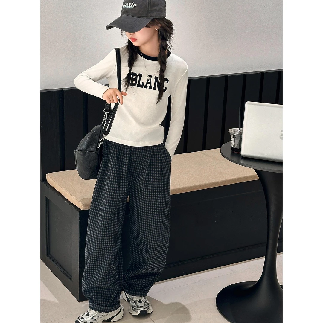 女童休闲套装秋装2025新款洋气中大童秋季儿童T恤格子裤女孩衣服