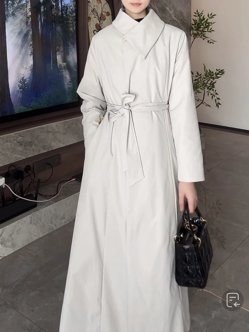 2025新款长款纯色中长款外套气质收腰系带网红轻奢羽绒服大衣