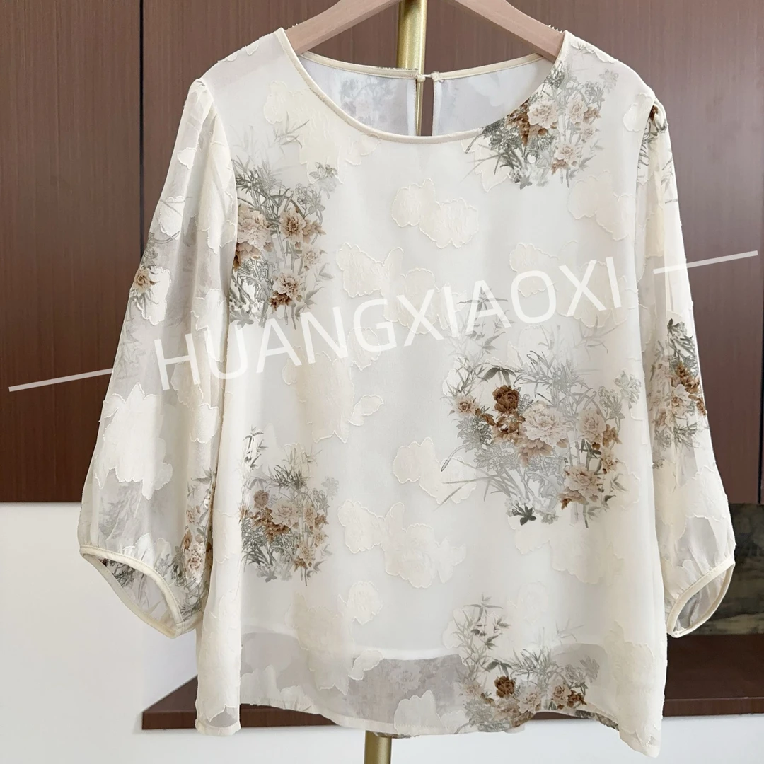HUANGXIAOXI 白雪伊人优雅牡丹七分袖气质小衫ZF-455