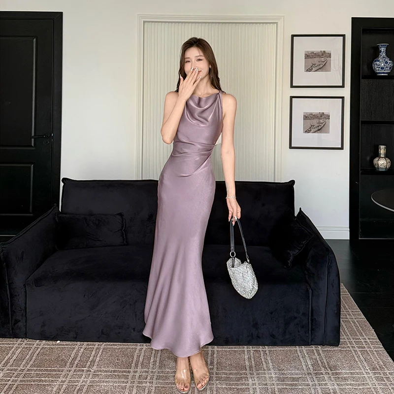 现货实拍 缪斯气质感高级缎面连衣裙扭结吊带收腰显瘦鱼尾裙长裙