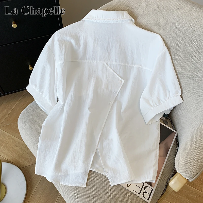 拉夏贝尔短袖衬衫女夏季新款设计感后背开叉宽松显瘦休闲衬衣上衣