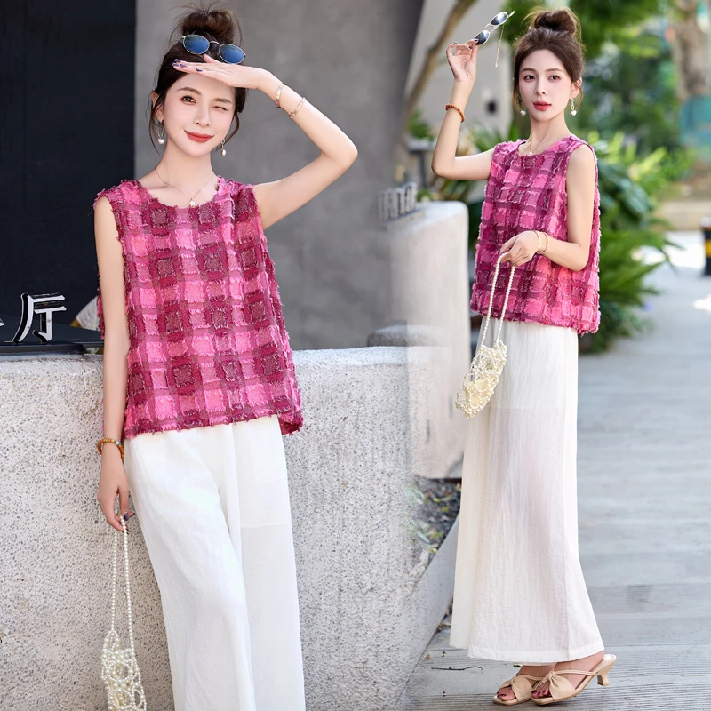 套装2025夏季新款女显瘦洋气宽松格子上衣搭配白色休闲裤子两件套