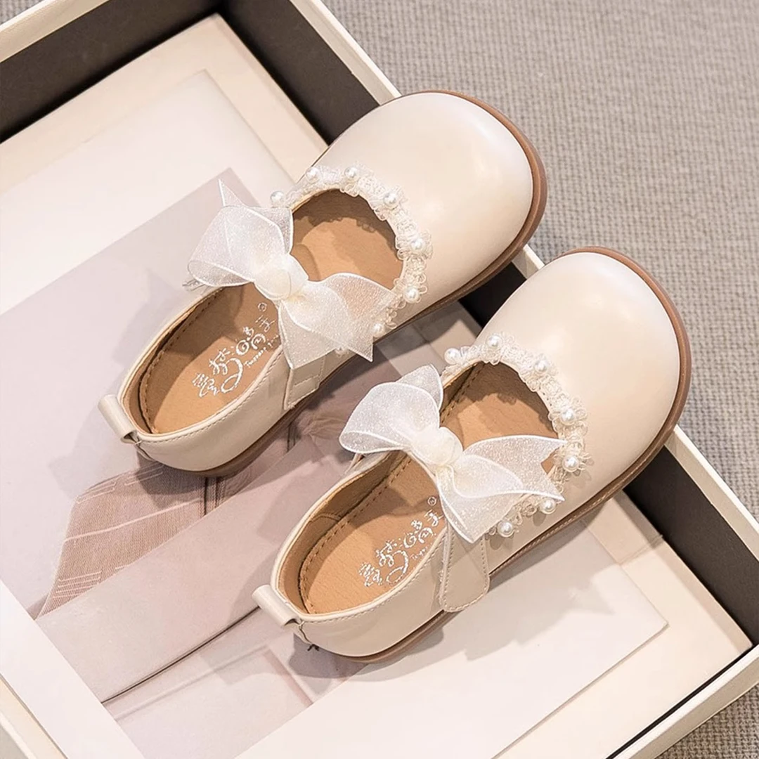 女童小皮鞋2025春秋新款珍珠蝴蝶结单鞋公主风儿童鞋子演出鞋软底