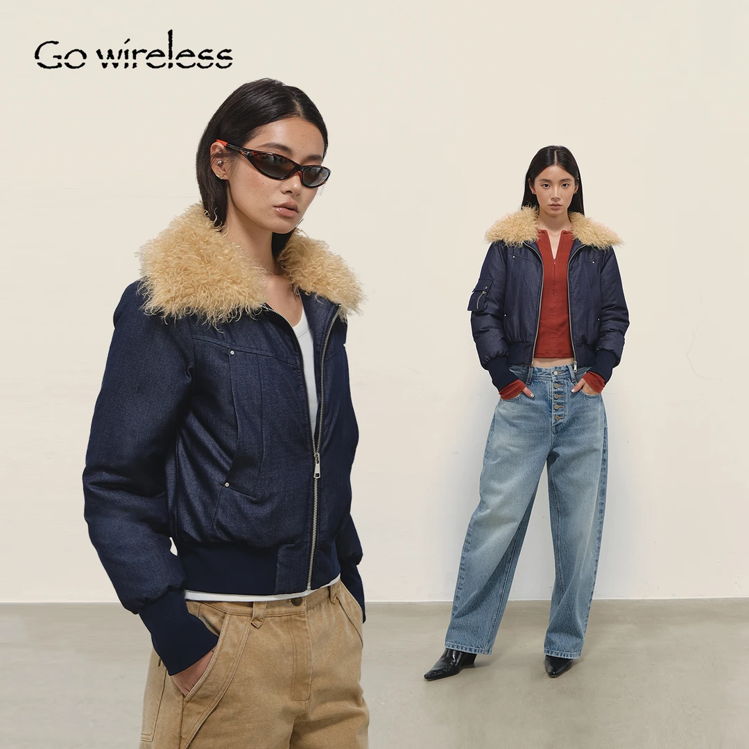 Gowireless 90%白鸭绒 牛仔蓝 短款廓形设计师毛领羽绒服保暖外套