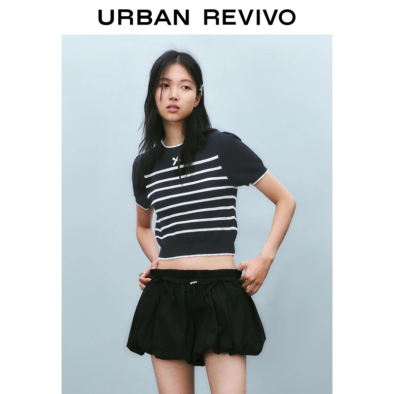 UR2025春季新款女装欧若风撞色线条蝴蝶结圆领针织衫UYY950034