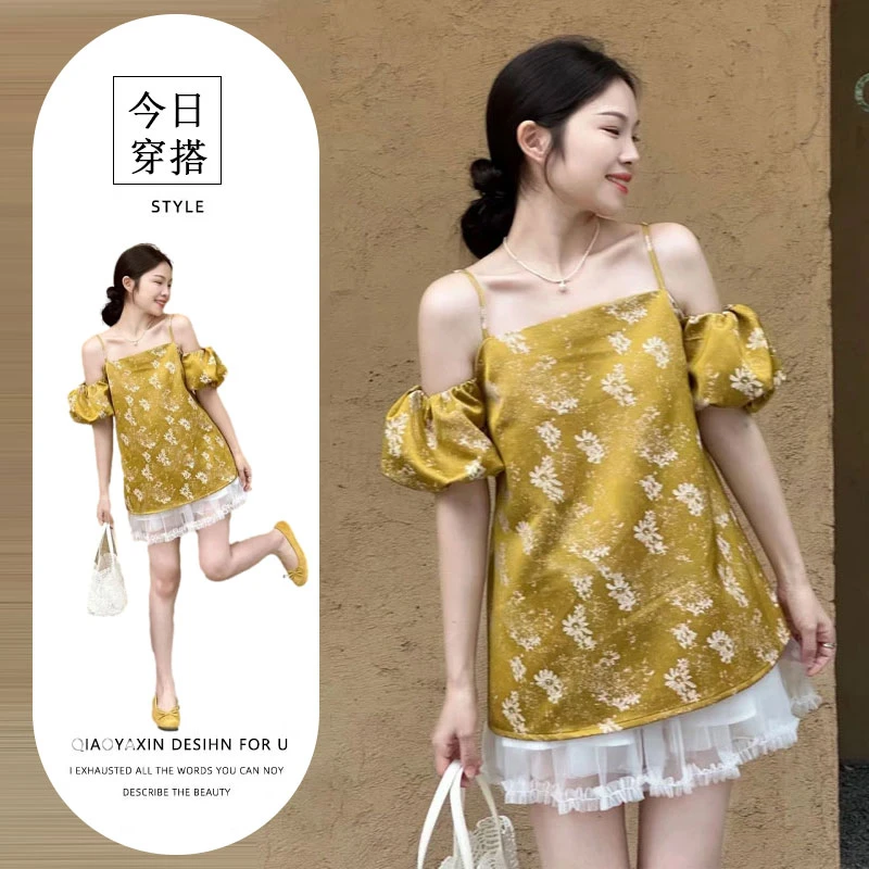 新中式国风上衣黄色一字肩衬衫高级感轻奢减龄洋气2025新款爆款女