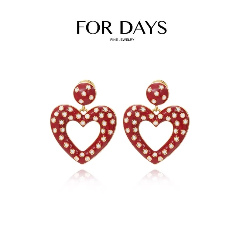 FOR DAYS 铜合金珐琅耳饰 复古港风红白波点珐琅爱心耳环