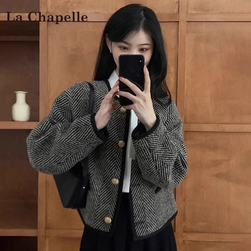 拉夏贝尔法式复古小香风外套女春季2025新款条纹夹克开衫短款上衣