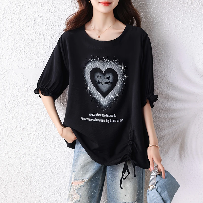 设计感重工烫钻爱心印花短袖T恤女2025夏季宽松圆领抽绳减龄上衣