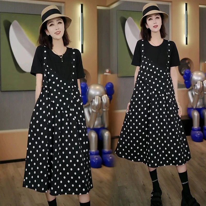 大码宽松显瘦A字裙女夏季圆领短袖假两件背带拼秋季国风显瘦a字