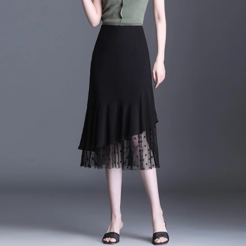 不规则雪纺半身裙女夏新款高腰显瘦a字中长款垂感拼接网纱鱼尾裙