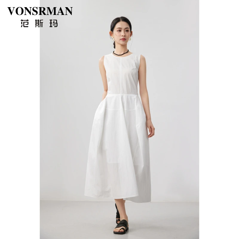 VONSRMAN休闲简约高含量棉混纺立裁廓形无袖连衣裙25夏