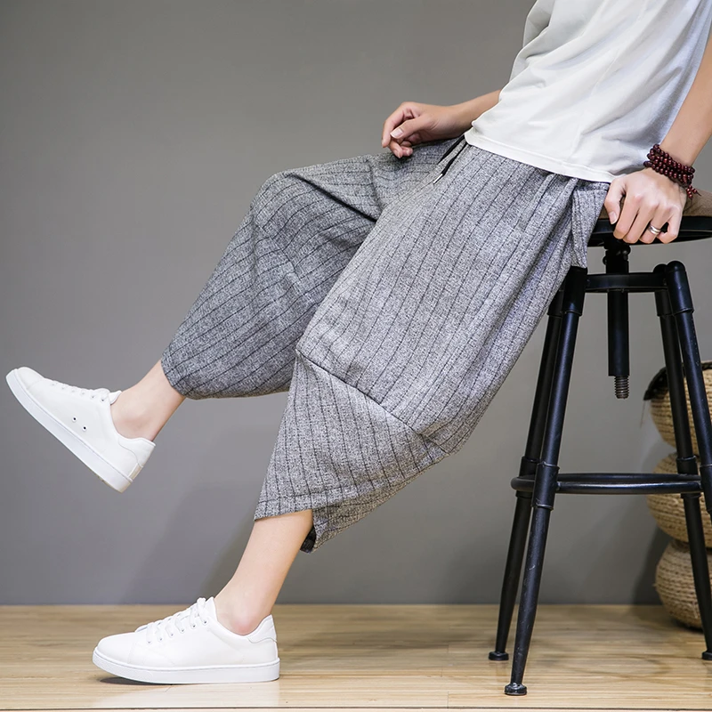 细条纹灯笼萝卜裤男士潮牌小脚七分裤中国风夏季大码宽松哈伦裤