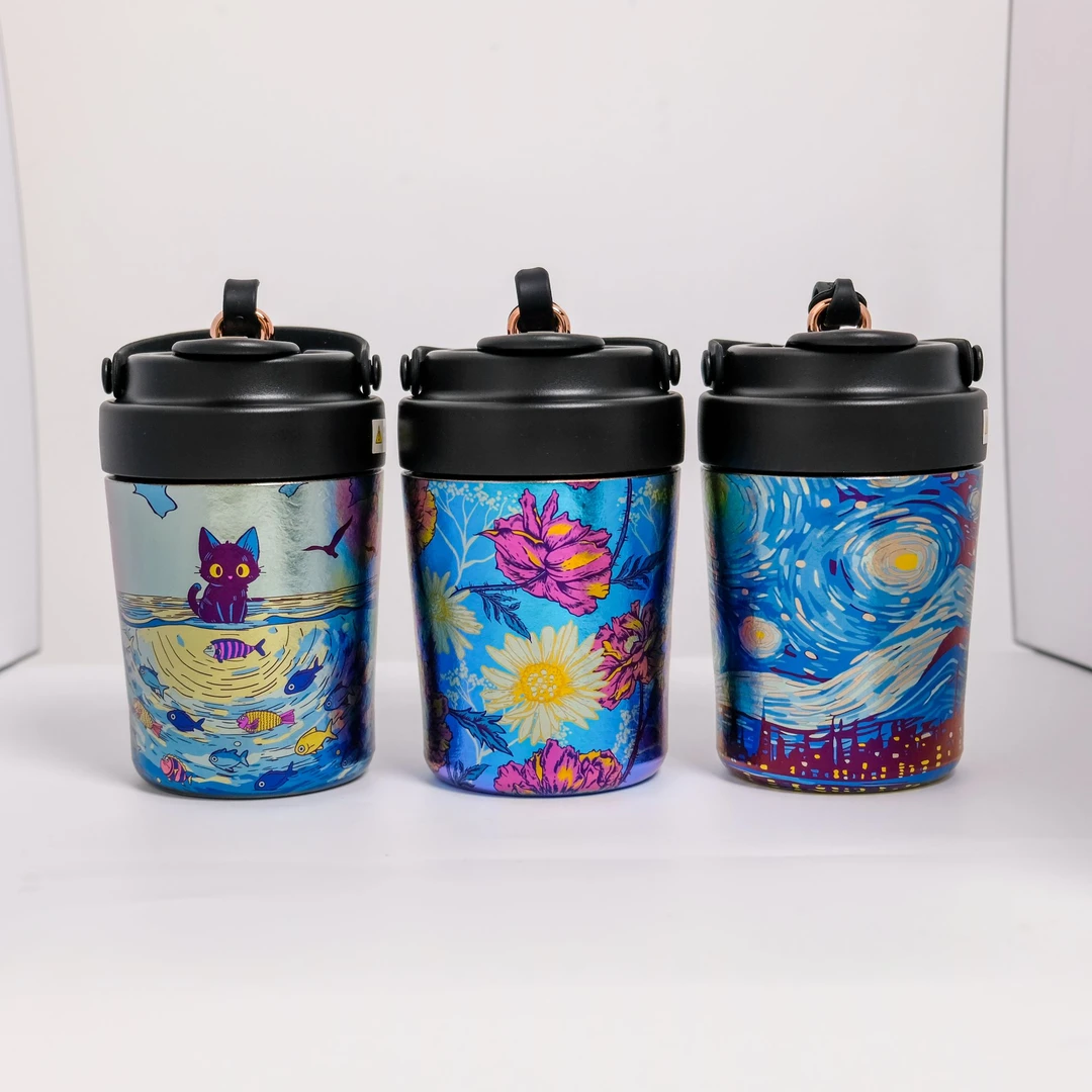 执彩纯钛咖啡杯【钛底】高颜值吸管杯双层彩钛随手高档保温杯380ml