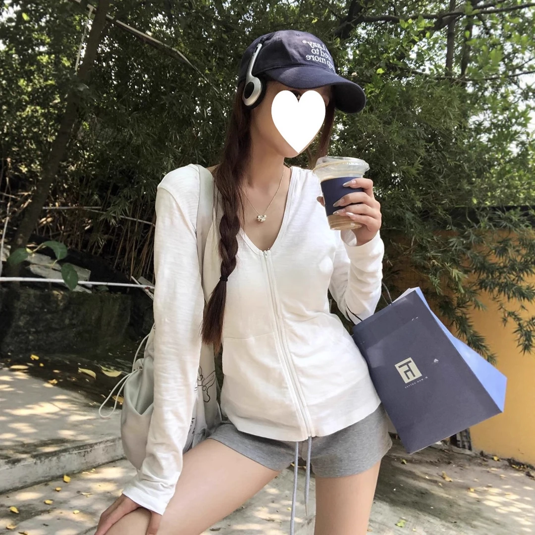 巨好看的衣女新款时尚爆款夏韩系白色长袖连帽外套薄款修身休闲