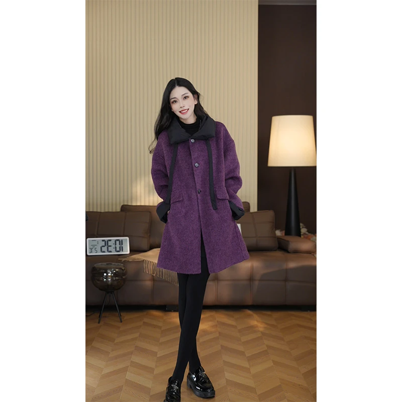 果子高级设计感大翻领中长款小个子慵懒风双面绵羊毛大衣