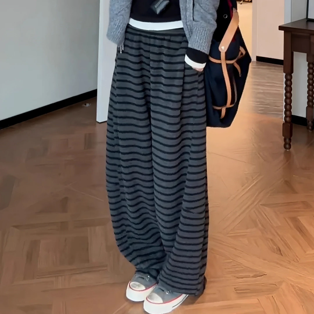 【9276】胖mm慵懒感松紧腰条纹休闲裤女秋季宽松显瘦阔腿镰刀裤子