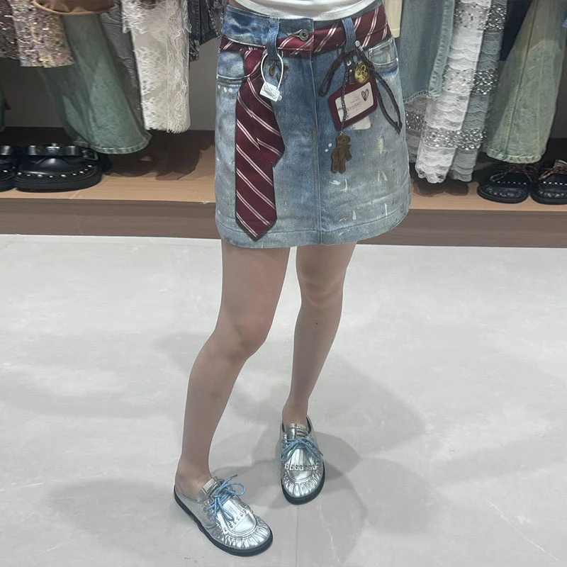 FORDARE/福蝶25设计师品牌A字领带工牌印花牛仔短裙裙子半身裙