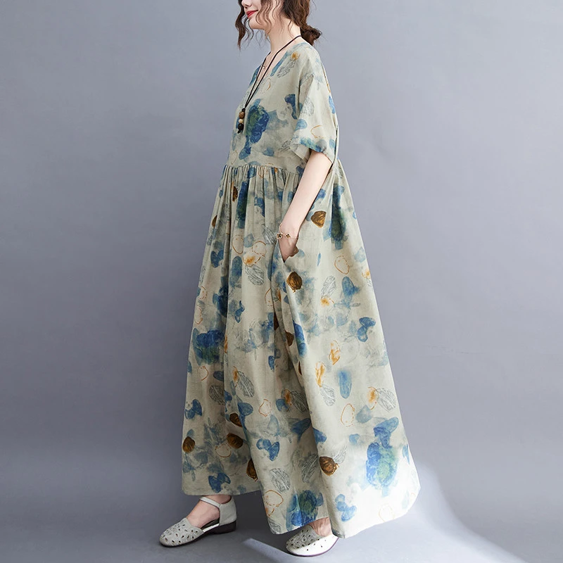 一线新款清仓外贸夏季新款大码女装民族风复古韩版印花短袖连衣裙