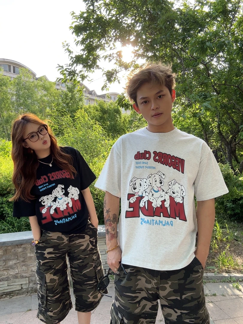 重磅100%纯棉斑点小狗潮牌复古趣味狗狗字母印花短袖T恤宽松情侣