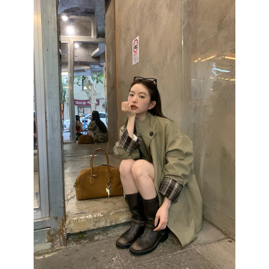 春季2025新款英伦复古高级撞色中长款女小个子千金纯欲慵懒风女装