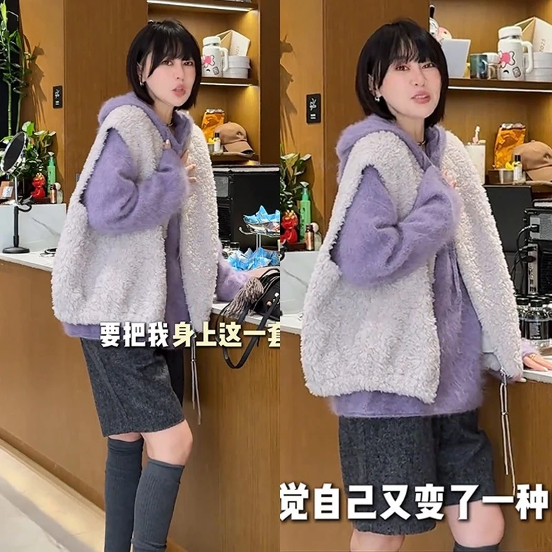 小香风毛衣套装穿搭女2025新款紫色针织衫韩版毛绒马甲短裤三件套