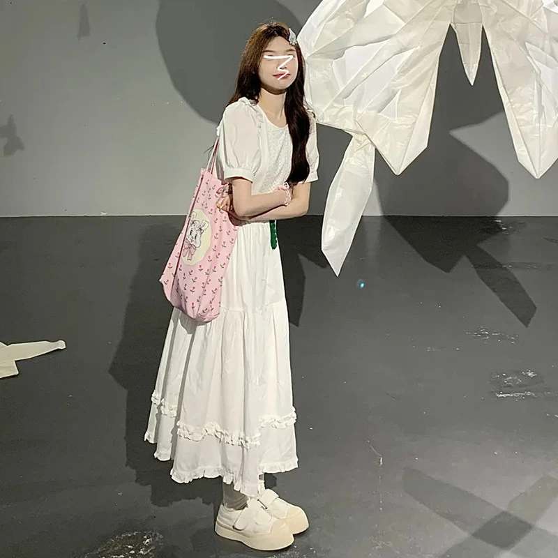 法式白色连衣裙子女2025夏高级感镂空蕾丝花边收腰泡泡袖a字长裙