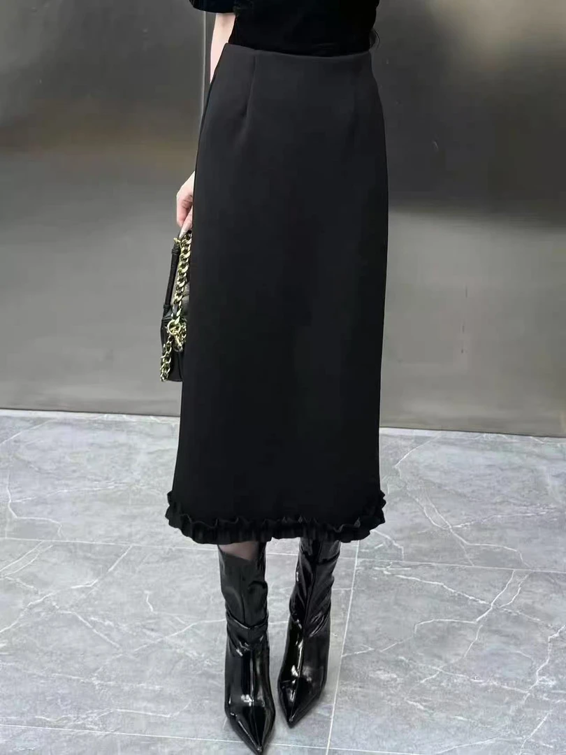 2025新款法式韩系微胖收腰显瘦时尚千风显瘦百搭黑色半裙4692