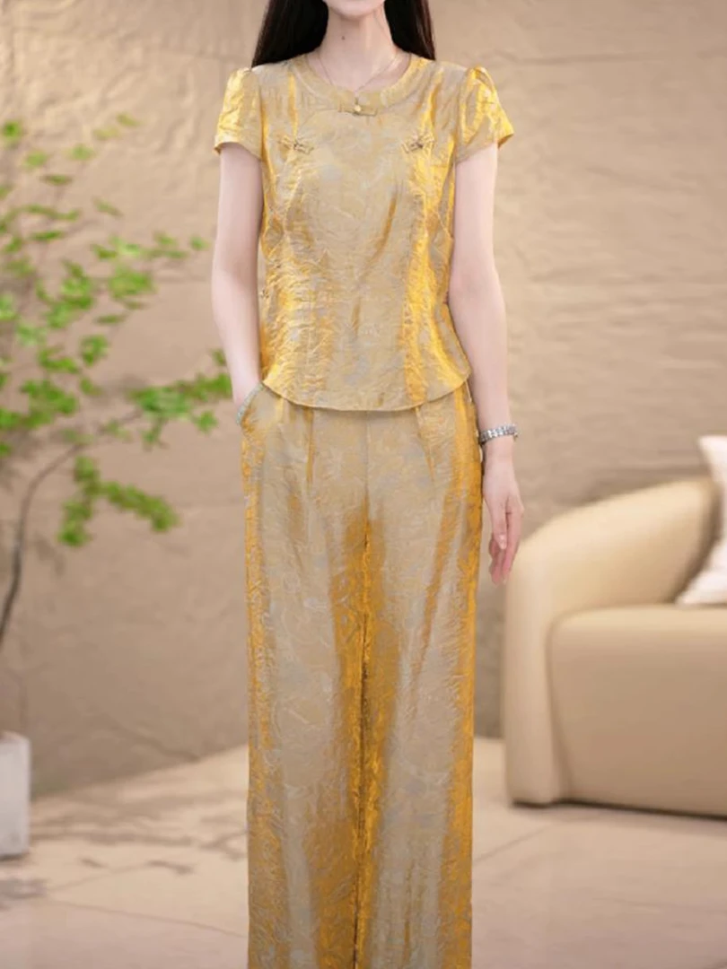 2025夏季百搭小众气质流光金套装U透气遮肉显瘦减龄妈妈装两件套