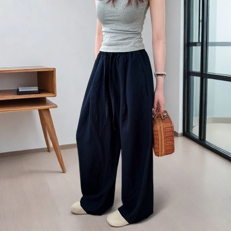 【清完立马下架】夏季时尚百搭抽绳松紧腰天丝亚麻弯刀型休闲长裤