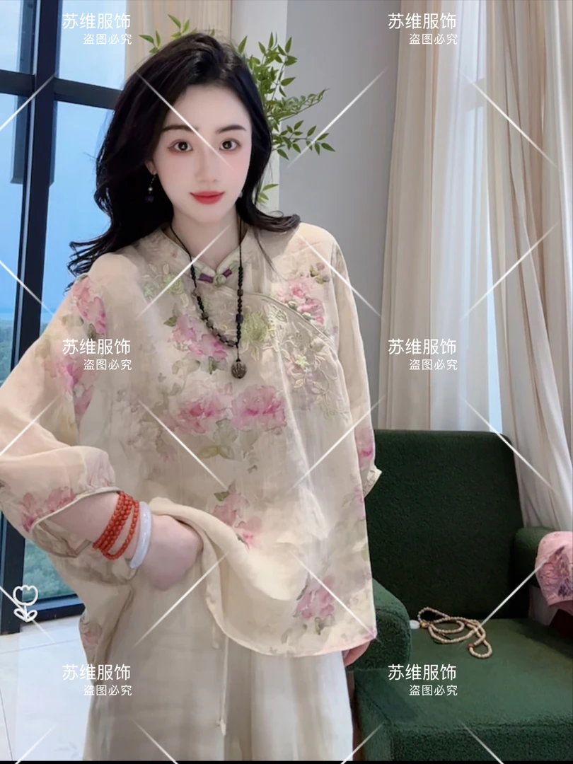 苏维9365夏季宽松苎麻新中式五分袖圆领印花刺绣民族风衬衫