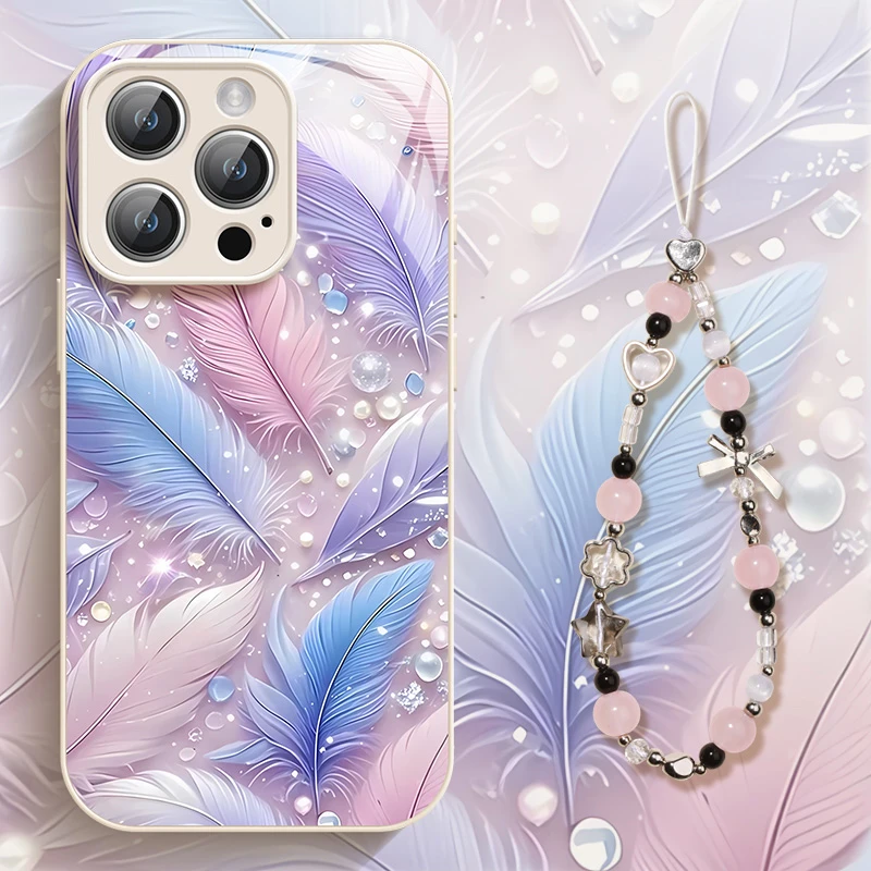 适用苹果16promax手机壳iphone13高级15pro羽毛16pro带挂链14玻璃