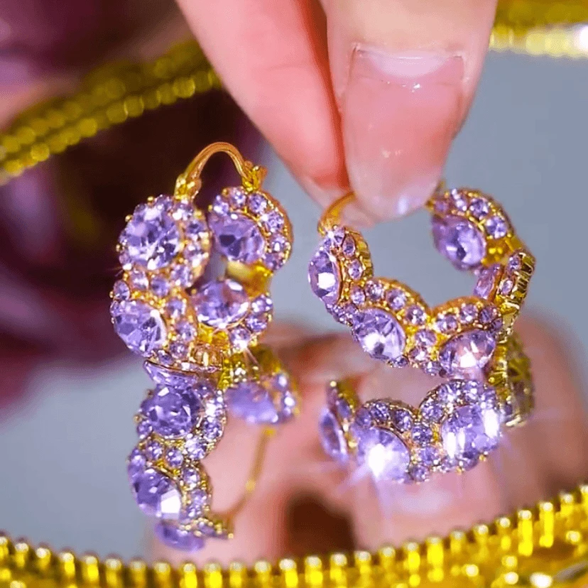 铜合金锆石耳饰 紫色耳扣女小众设计个性通勤百搭耳环气质耳饰