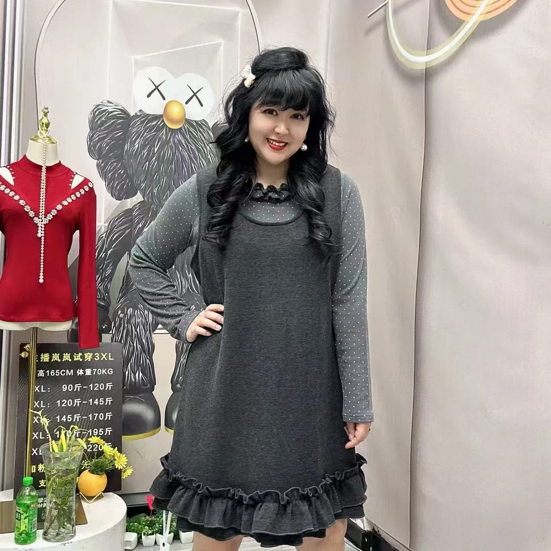 岚岚大码女装波浪木耳边波点打底衫无袖木耳边洋气遮肉两件套5629