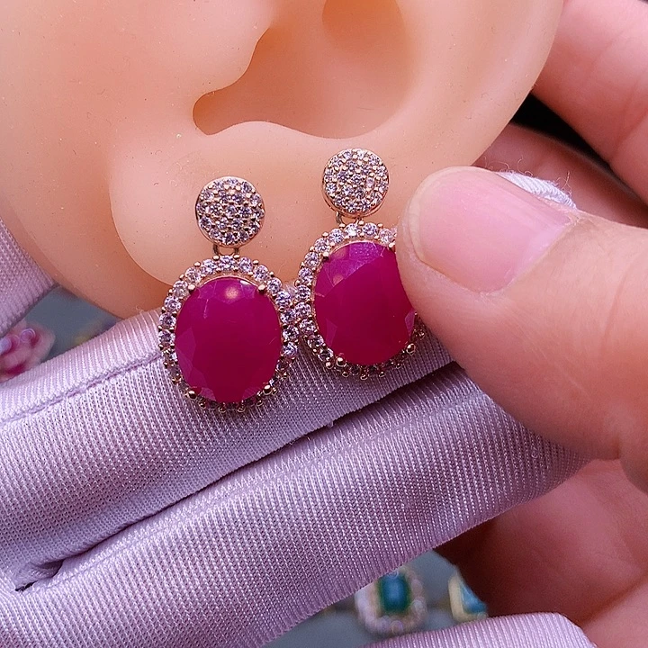 红宝石耳饰银S925镶嵌