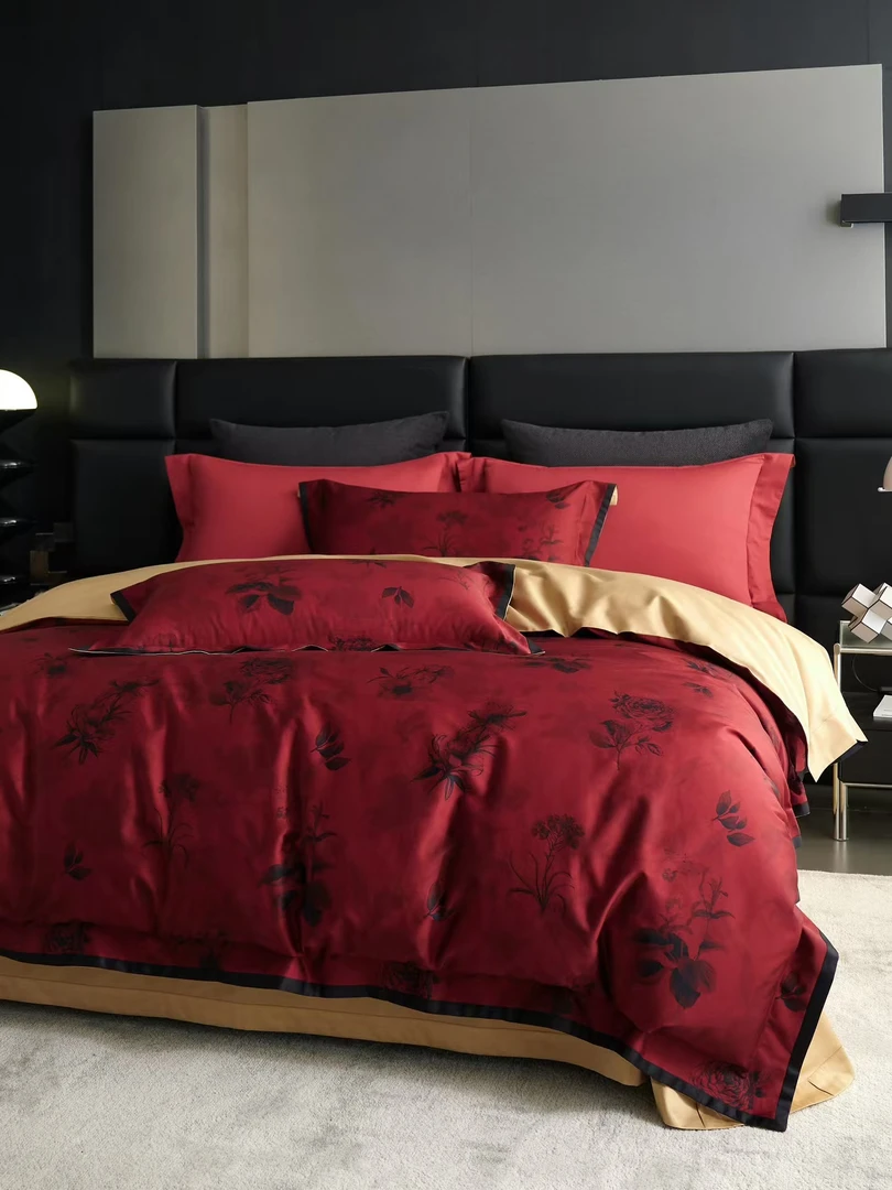 大宽边高端数码印花100s长绒棉贡缎四件套床单被套床品喜庆红色