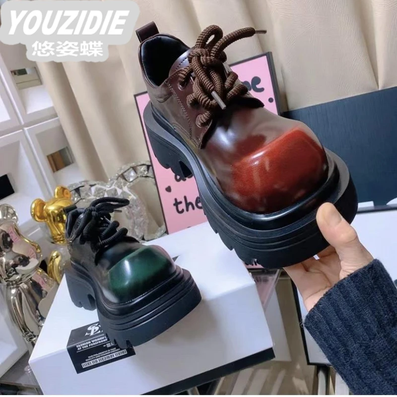 欧洲站方头大头系带jk小皮鞋女2025年春季新款厚底增高粗跟单鞋潮