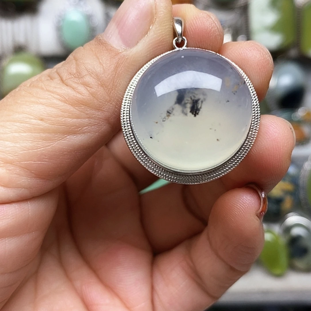 蛇纹石玉银S925镶嵌吊坠