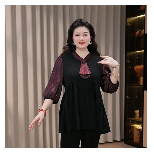 定制大码女秋季新款休闲百搭气质遮肉假两件拼接上衣251132