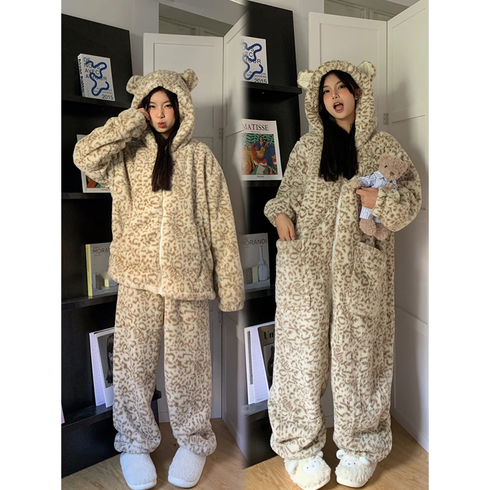 韩版高级豹纹连帽珊瑚绒睡衣女冬季加厚加绒保暖一体式家居服套装
