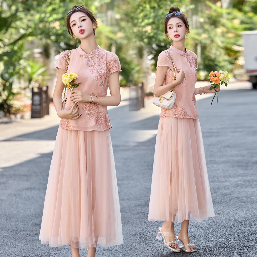 财阀千金新中式国风优雅洋气纱裙新款气质显瘦裙套装欧若风穿搭