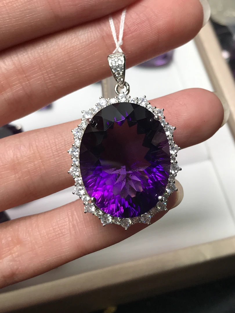 天然紫水晶椭圆吊坠s925银托24/19