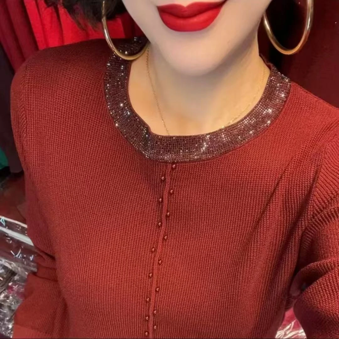 高档镶钻圆领针织衫秋冬新款中老年妈妈时尚洋气打底衫百搭上衣女