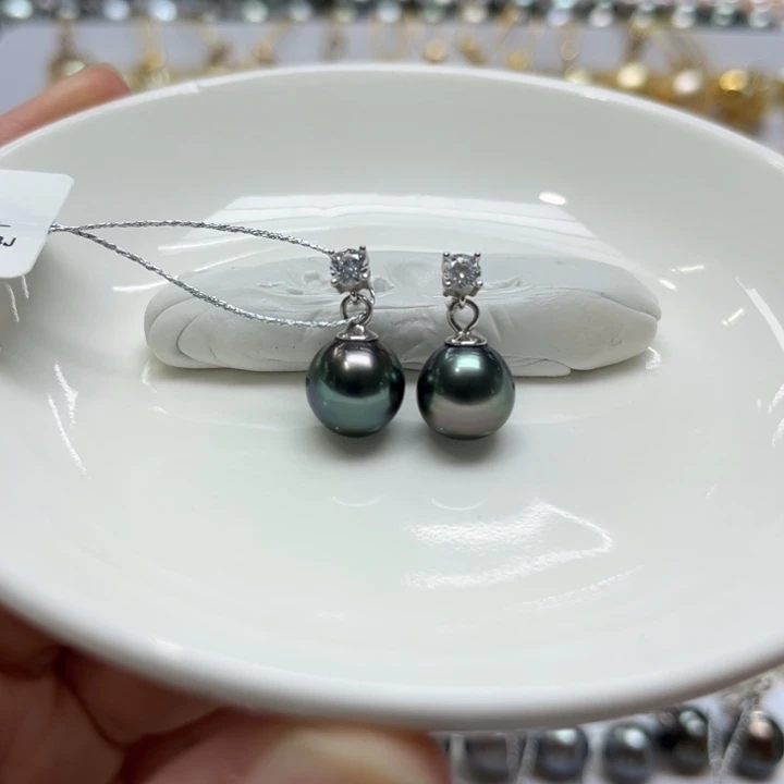 银S925镶嵌耳饰海水珍珠大溪地9-10mm 40号