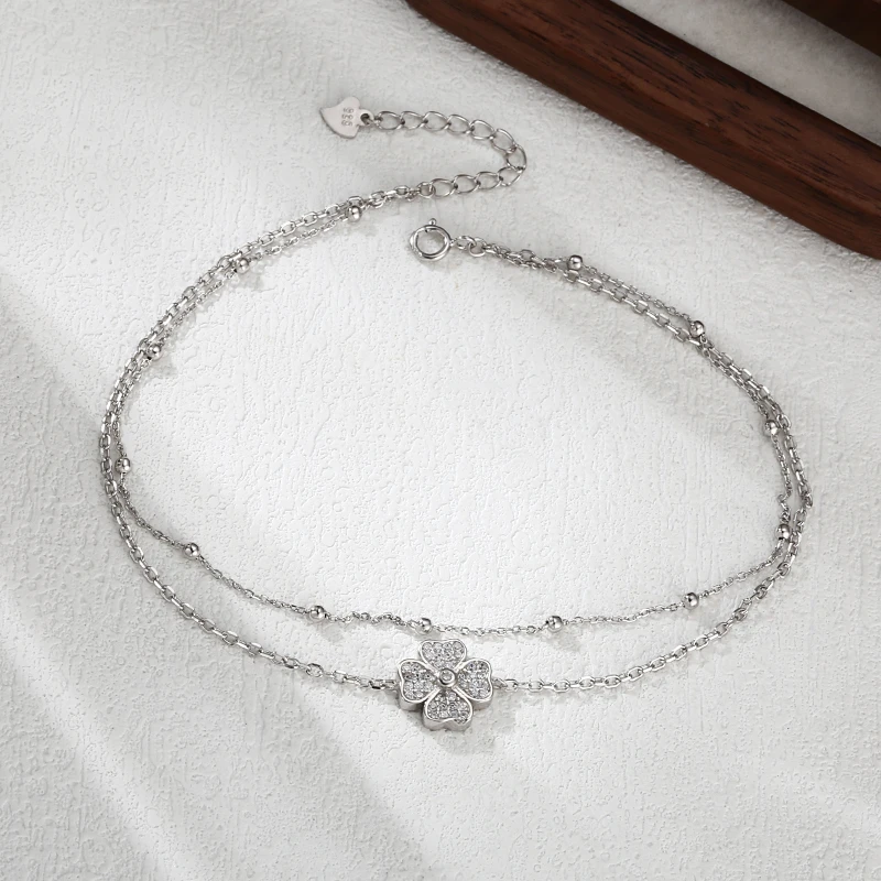链子925银 白钻四叶草圆珠脚链